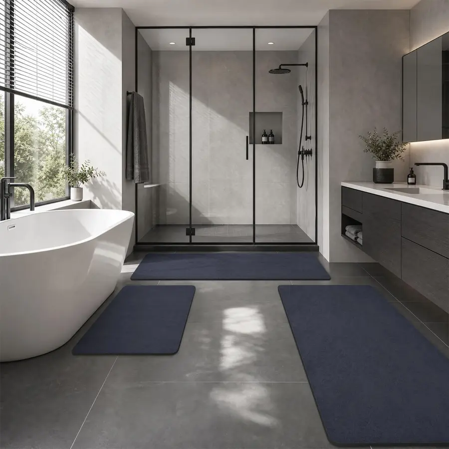 A modern bathroom featuring a bathtub, shower, and bath mats with peeling backing on the floor.