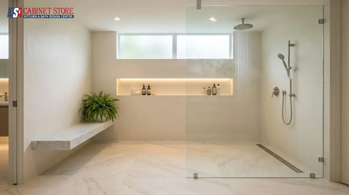 Modern bathroom featuring a curbless shower with a clear glass enclosure and a minimalistic design.