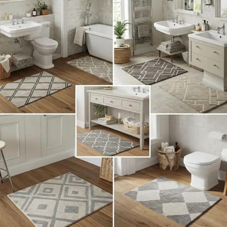 Multiple bathroom rugs and mats in various patterns and placements on a wooden floor.