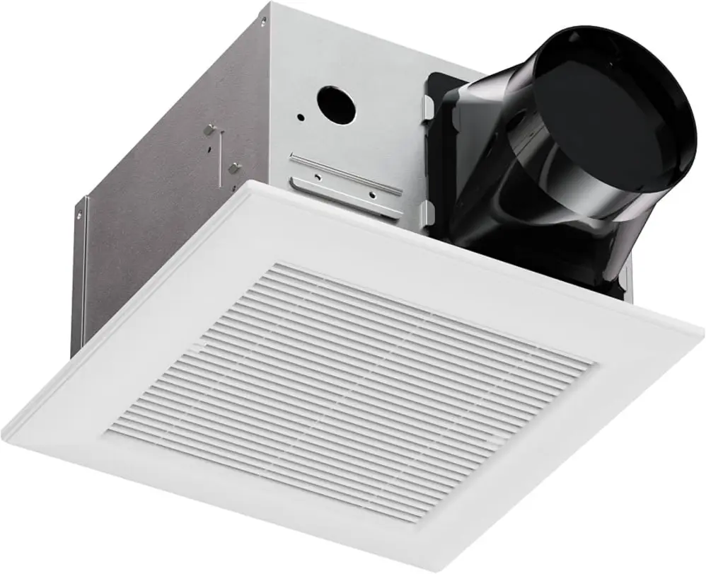 Ceiling-mounted bathroom exhaust fan with a grille and a duct outlet.