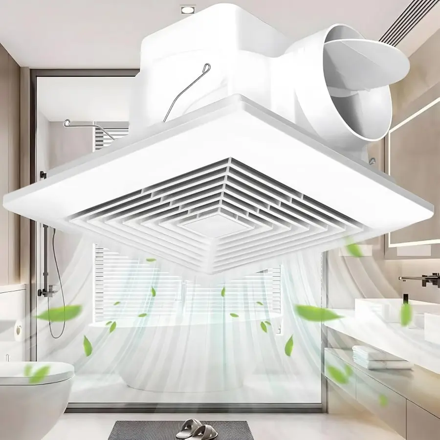 Ceiling-mounted bathroom exhaust fan with vents and flowing air in a modern bathroom setting.