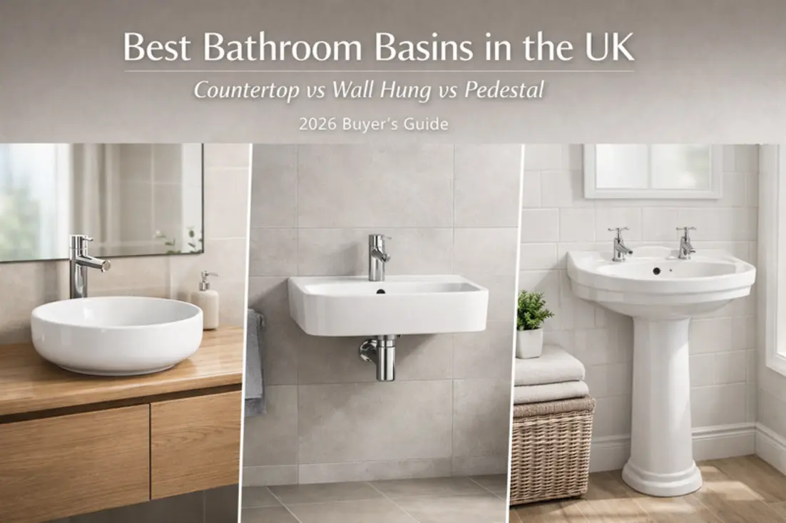 Three types of bathroom basins: countertop, wall-hung, and pedestal, displayed in a light setting.