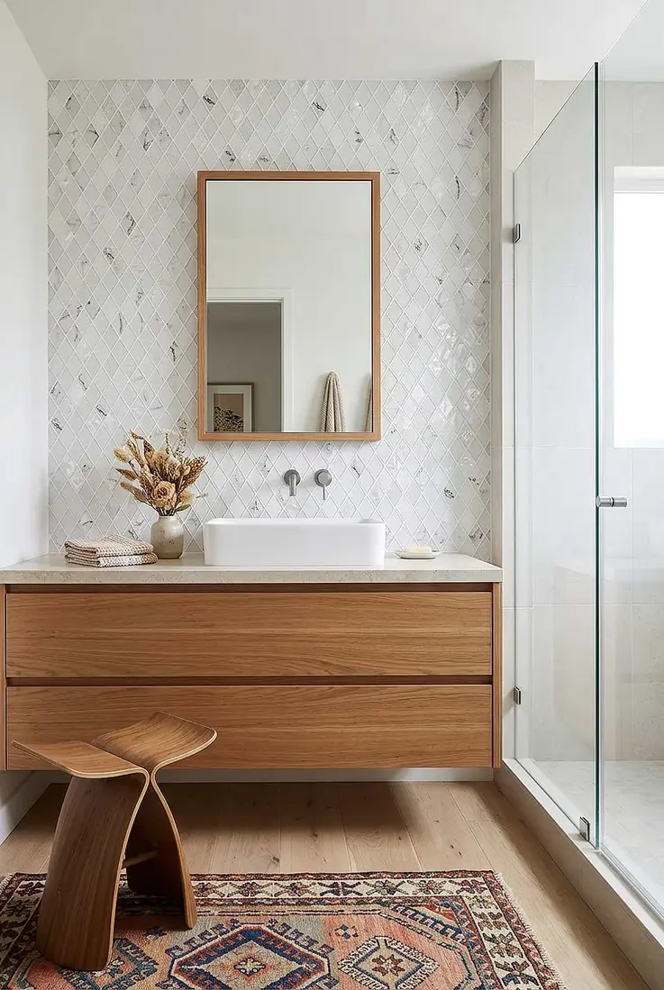 Modern bathroom featuring a wooden vanity, mirror, and patterned tile wall.