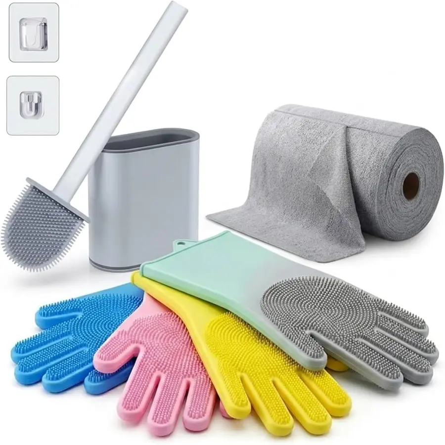 Toilet cleaning tools including a silicone scrubber, gloves, paper towels, and a holder.