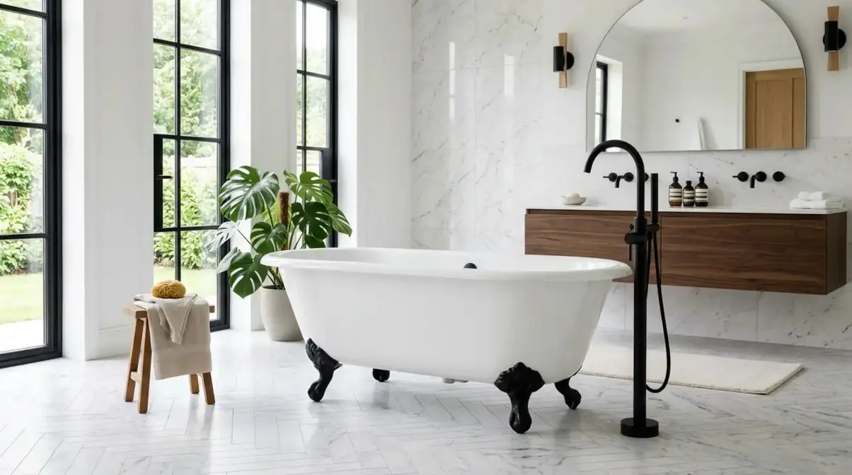 Freestanding clawfoot tub with black faucet, surrounded by a bright bathroom and large windows.