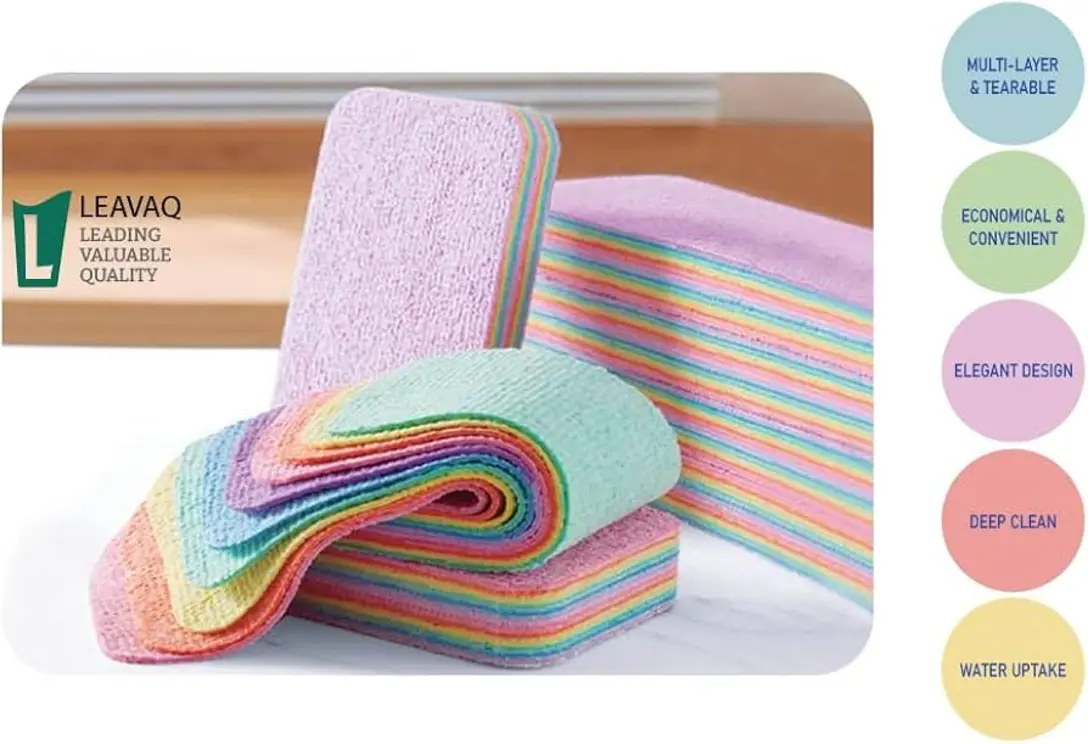 Colorful non-abrasive cleaning sponges stacked in various sizes and colors.