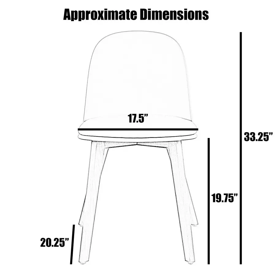 Chair with dimensions labeled: seat height 17.5", overall height 33.25", width 19.75", depth 20.25".
