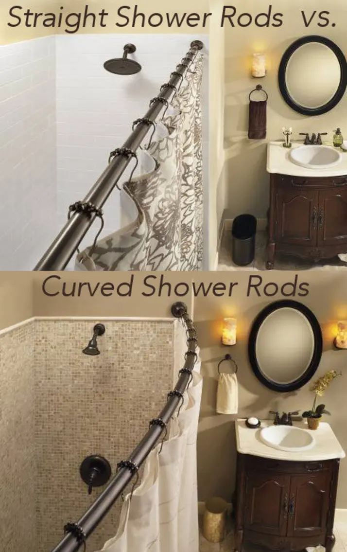 Comparison of straight and curved shower rods in different bathroom setups.