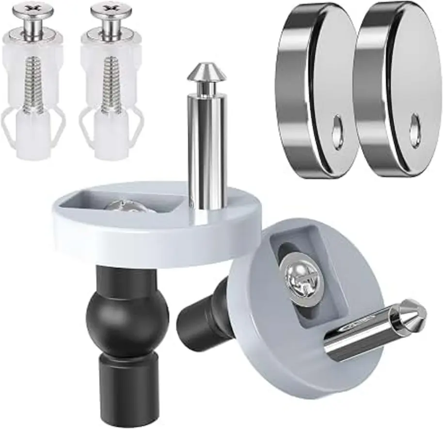 Loose toilet seat fixing components including screws, washers, and magnetic fasteners.
