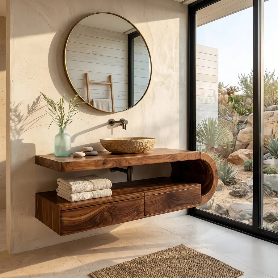 Wooden bathroom vanity with a sink, circular mirror, and neatly arranged towels.