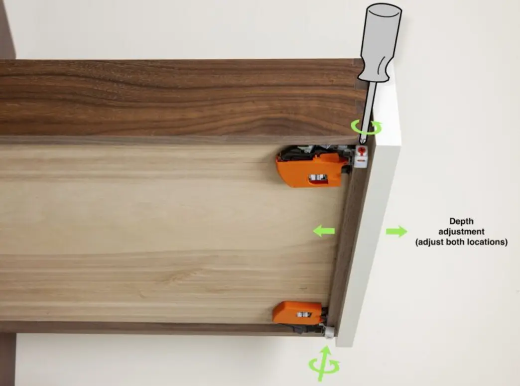 Drawer runner with adjustable screws highlighted for alignment and depth adjustment.