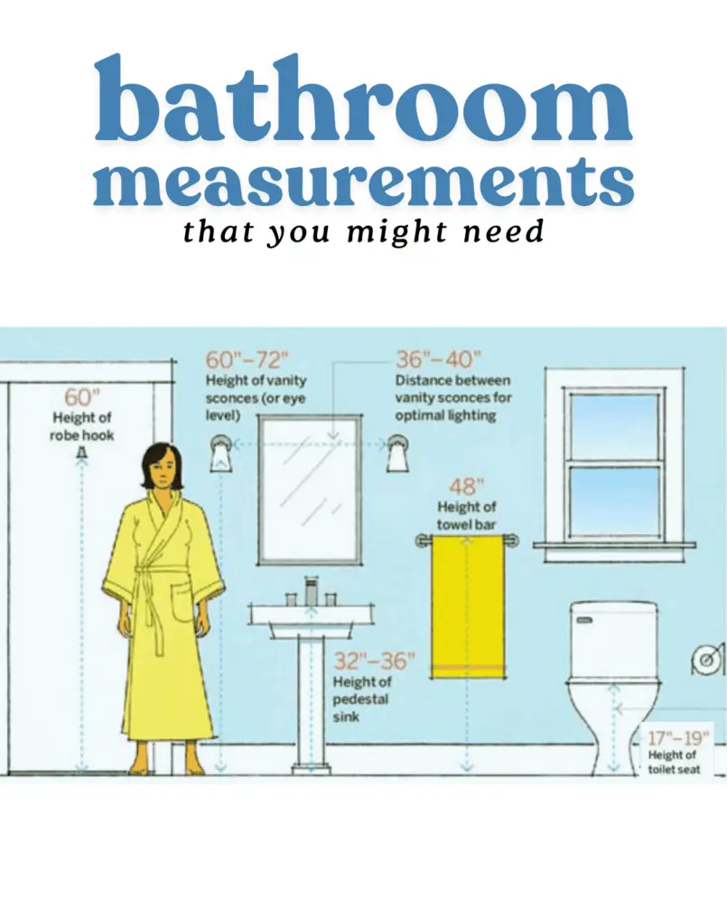 Illustration showing bathroom measurements for towel hooks, robe hook, and vanity sconces.