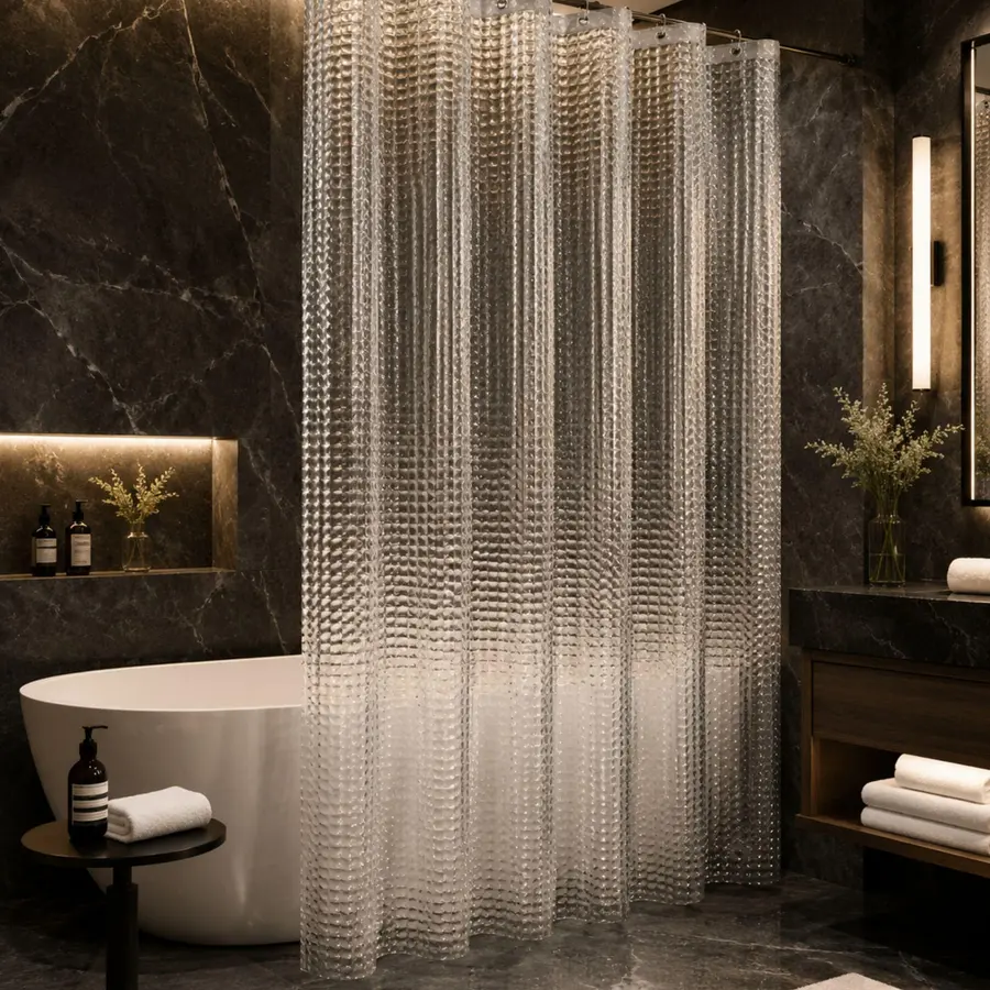 Clear shower curtain lining hanging inside a modern marble bathroom tub.