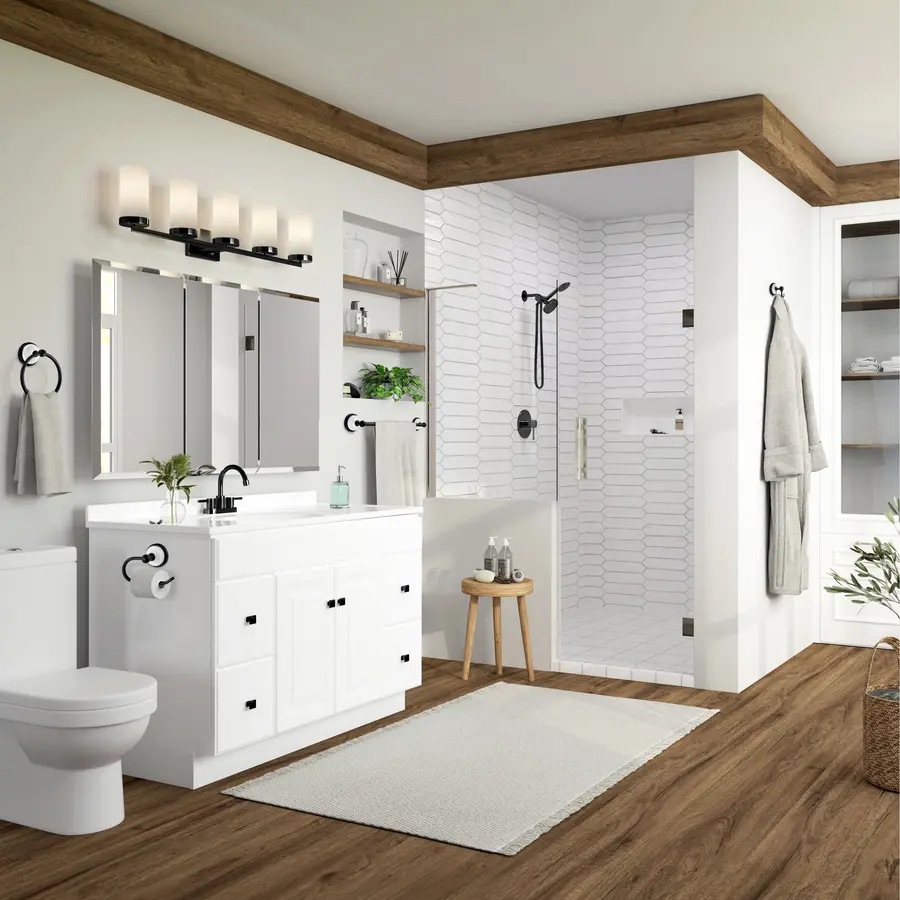 Modern bathroom with a white towel bar and neatly hanging bath towel.