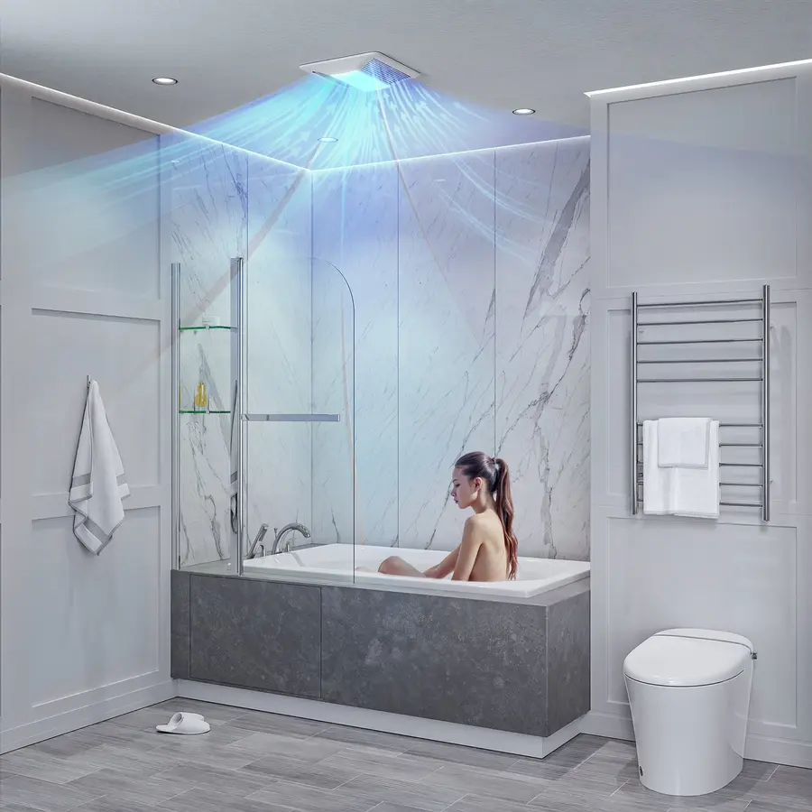 Modern bathroom with a woman relaxing in a bathtub, glass shower enclosure, and stylish fixtures.
