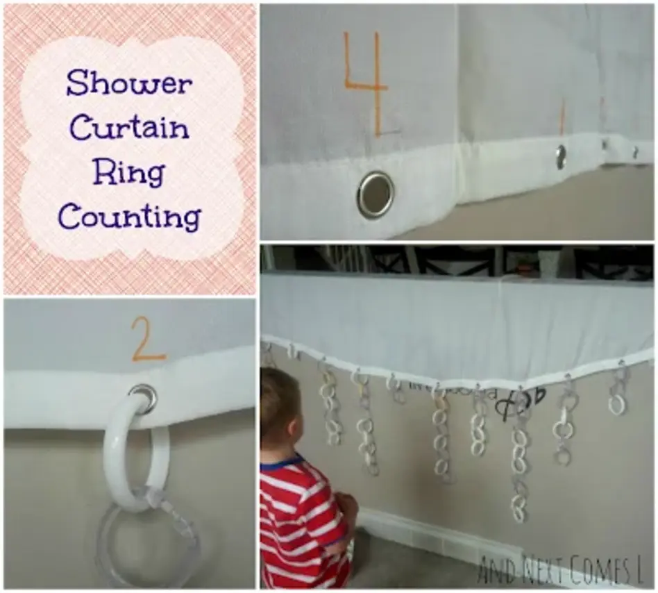 Counting shower curtain rings and eyelets, with a child interacting with them.