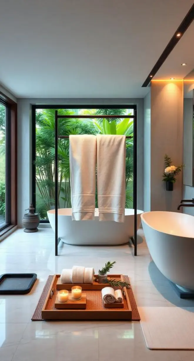Clean bath towels hang in a modern bathroom with a soaking tub and greenery outside.