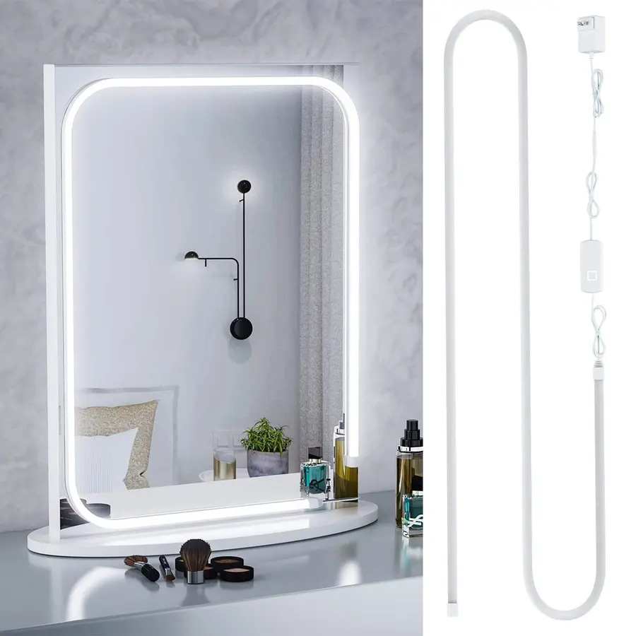 Brightly lit bathroom mirror with soft curve, surrounded by skincare products and decorative items.