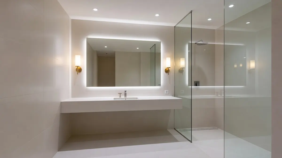 Bright bathroom featuring a large mirror, glass shower, and soft lighting.