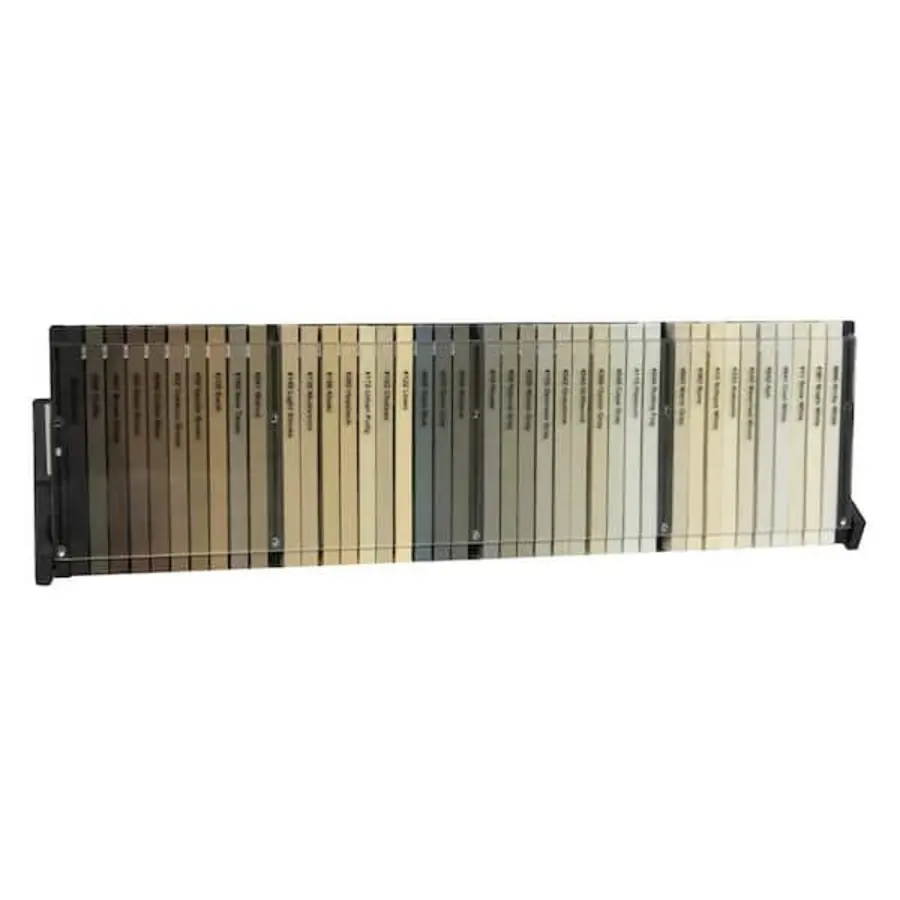 A row of grout samples in various shades arranged on a display.