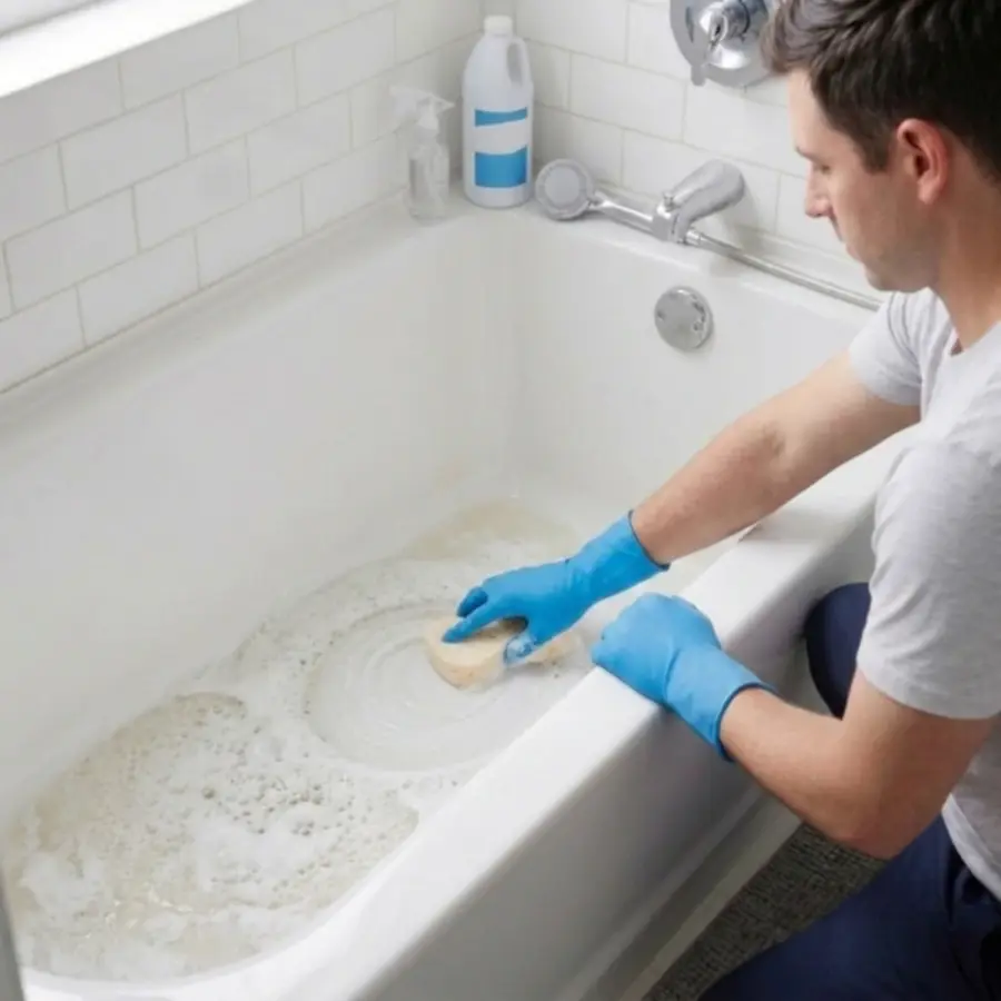 Man in blue gloves scrubs a white bathtub with a sponge.