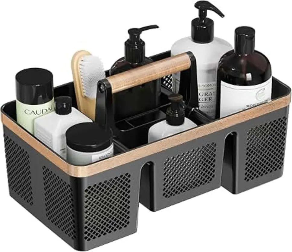 A black shower caddy with various bottles and a brush inside.