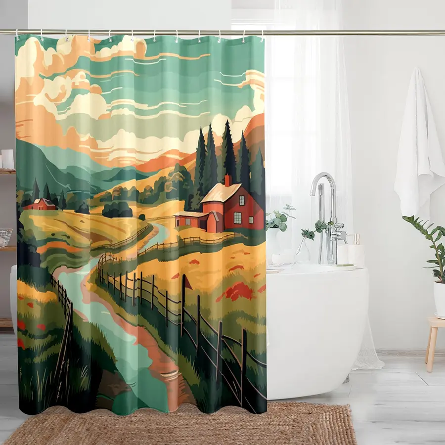 Colorful shower curtain depicting a rural landscape in a clean bathroom setting.