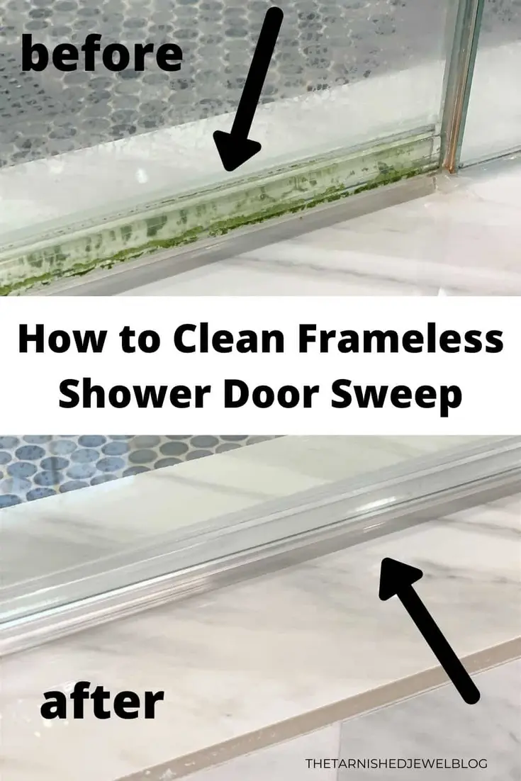 Frameless shower door sweep shown in before and after cleaning comparison.