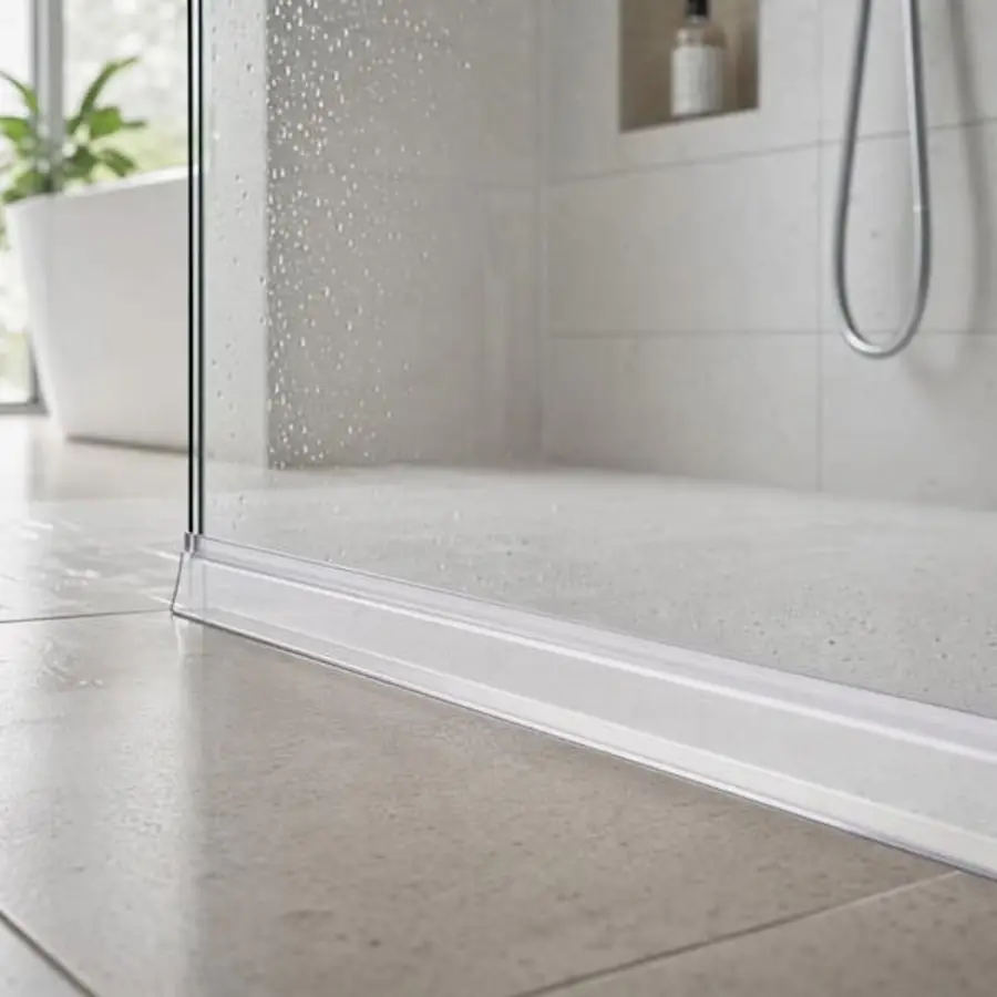 Close-up of a shower door bottom seal on tiled bathroom floor with water droplets.