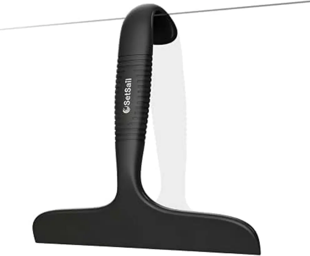Black shower squeegee with a flat blade, textured handle, and hanging loop.