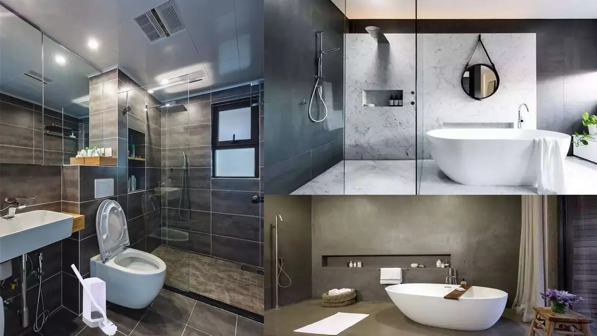 Modern bathroom featuring a bathtub, shower, toilet, and minimalist decor.