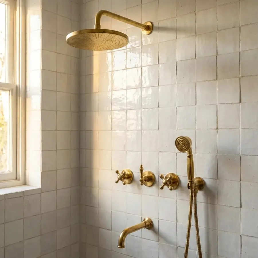 Brass shower and faucet fixtures against a tiled bathroom wall.