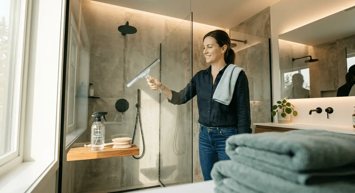 A person cleaning a shower door hinge in a modern bathroom.