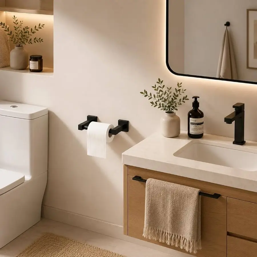 Modern bathroom with a loose toilet paper holder near a sink and shower area.