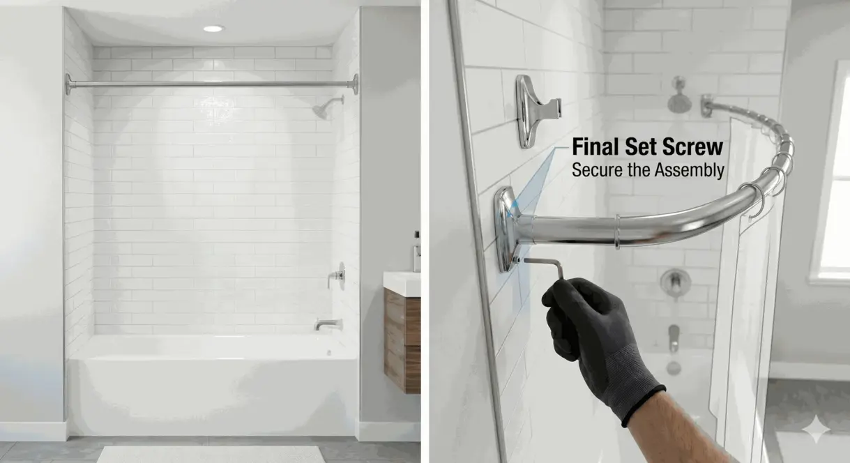 A person is installing a wall bracket on a tiled bathroom wall to secure a shower curtain rod with a focus on the final set screw.