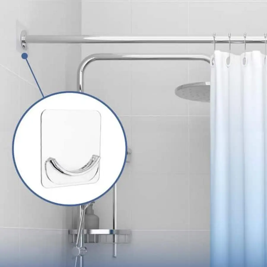 Shower curtain rod with a central support bracket and a curtain hanging from it.