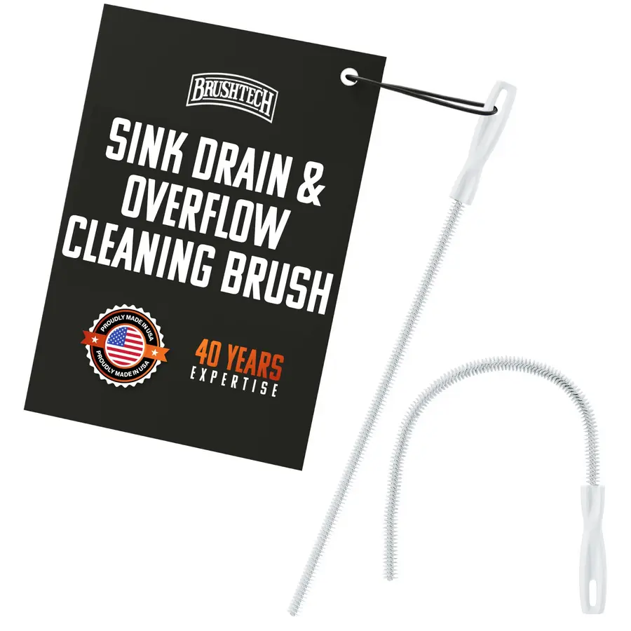 Sink drain and overflow cleaning brush with a flexible wire design.