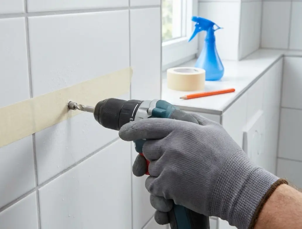 A gloved hand drills into a tiled wall, with masking tape and a pencil nearby.
