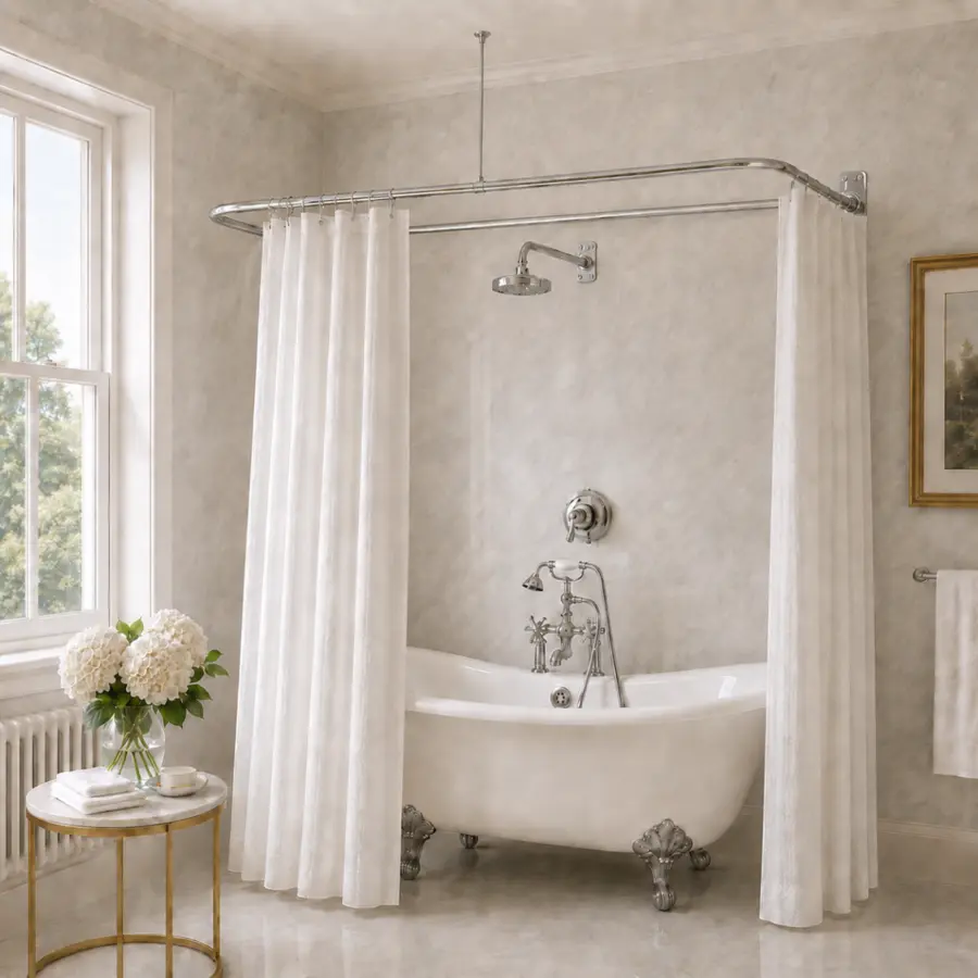A clawfoot tub surrounded by a curved shower curtain rod and white curtains in a bright bathroom.