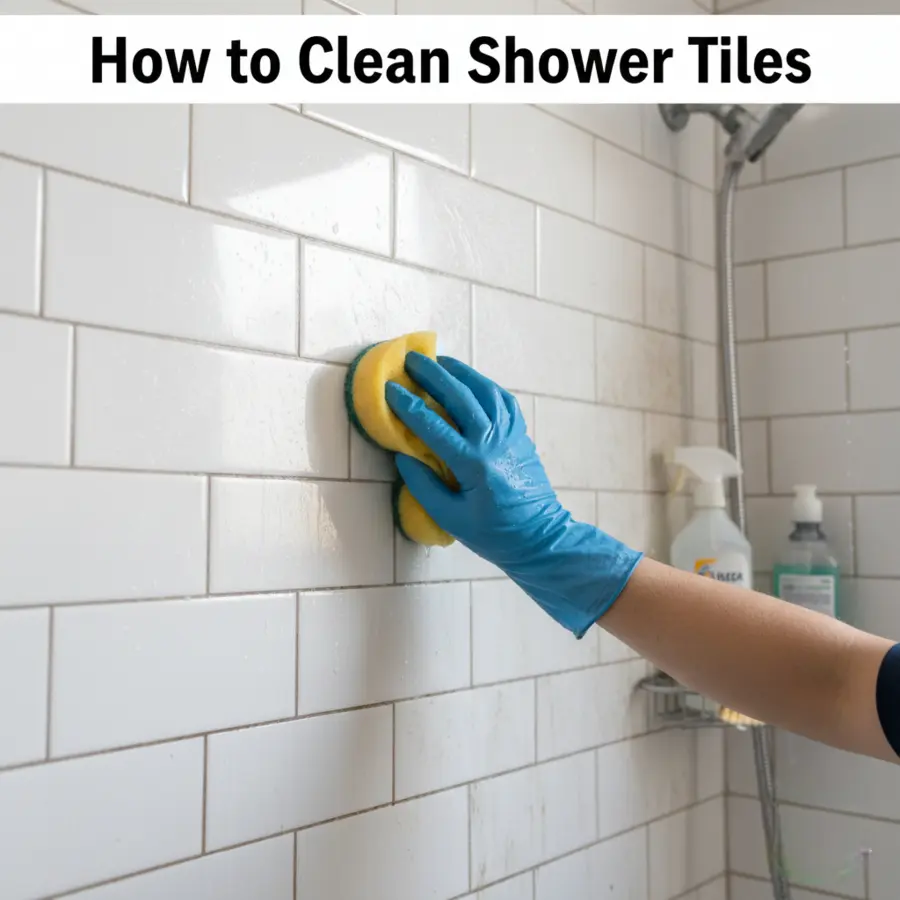 A gloved hand scrubs shower tiles with a sponge.