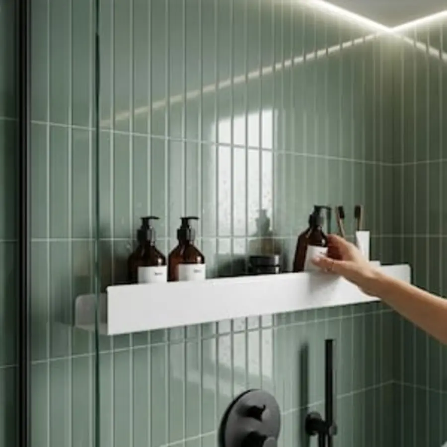 Wall-mounted bathroom shelf with various bottles and brushes in a tiled shower.