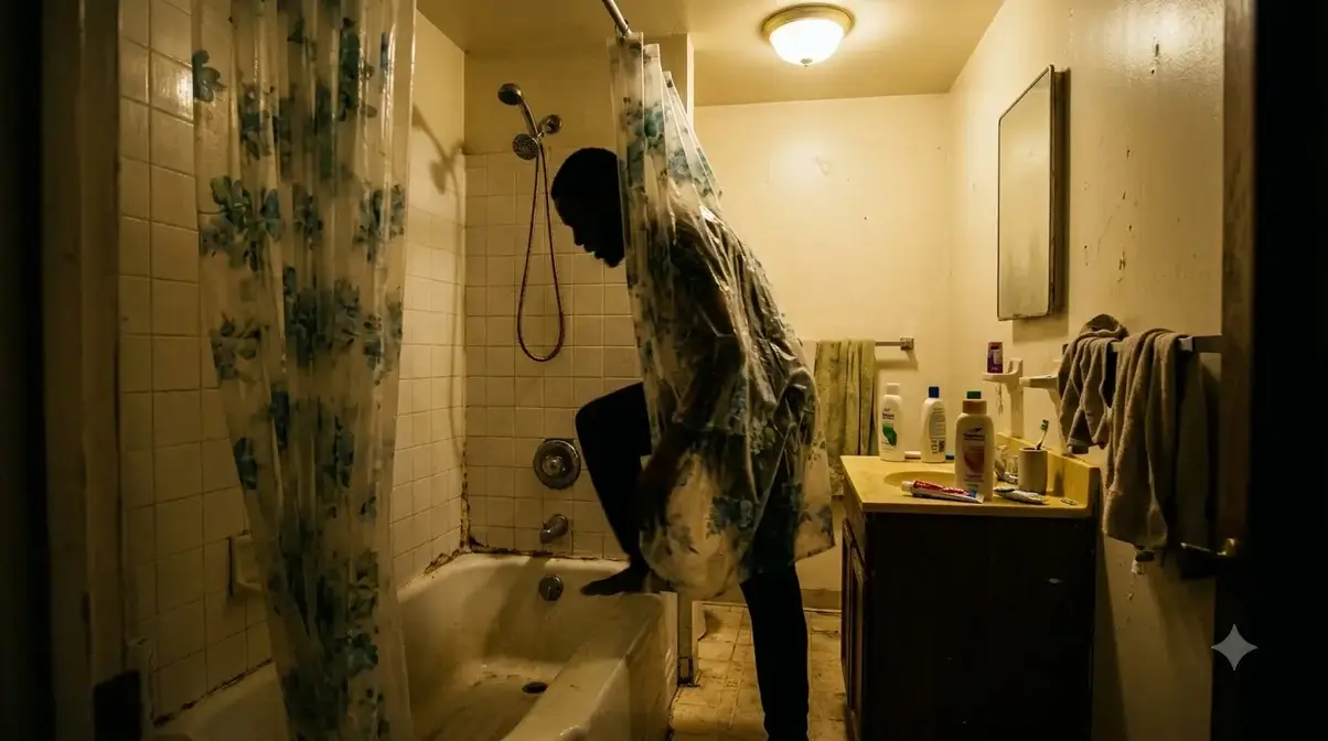 A person steps into a bathtub while partially obscured by a shower curtain.