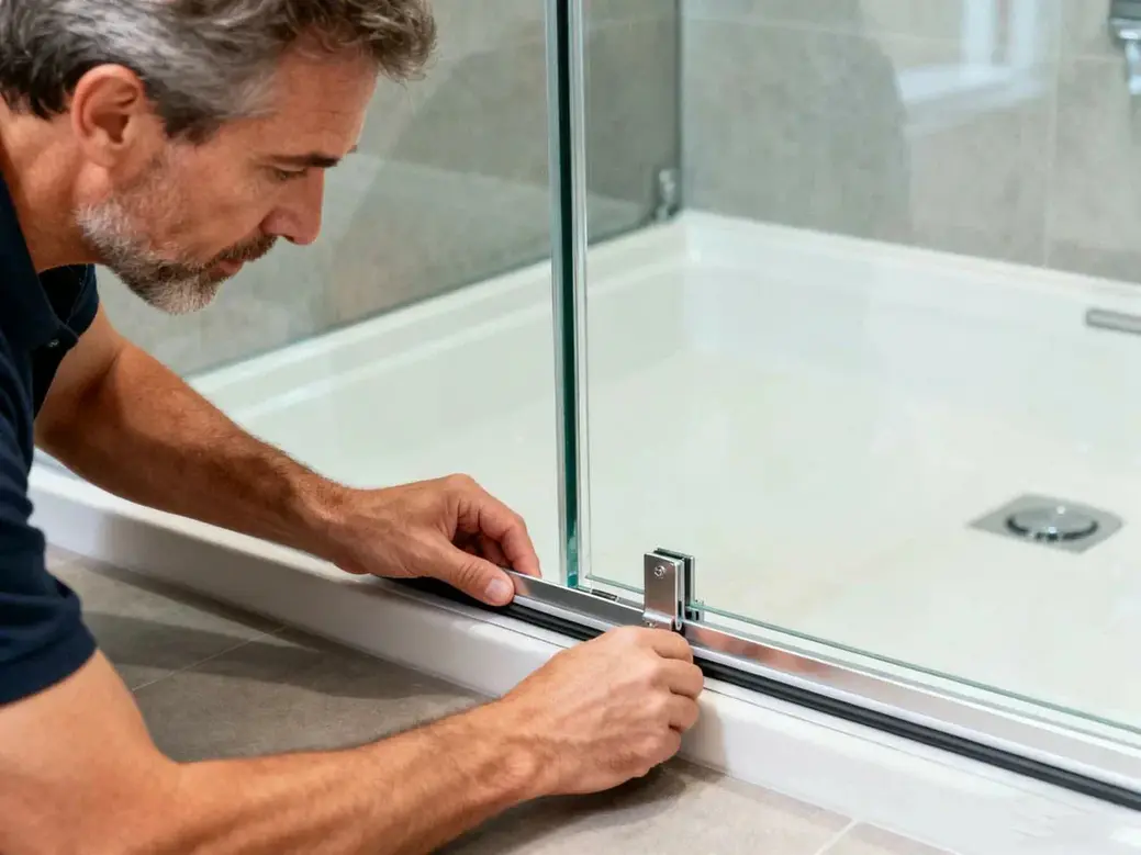 A person is installing a replacement push-on sweep on a glass shower door.