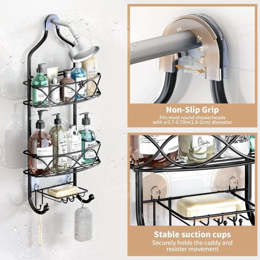 Hanging shower caddy with suction cups and non-slip grip, holding various bottles and a soap dish.
