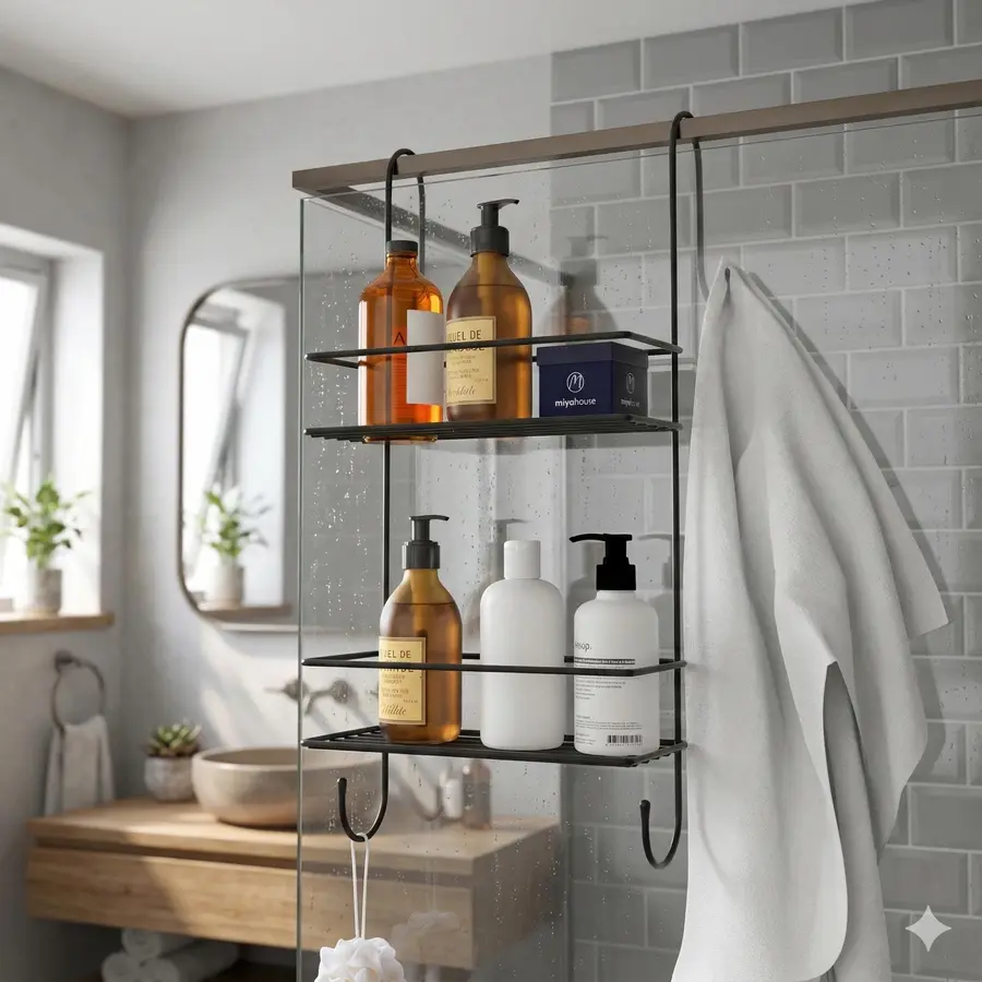 Shower caddy with various bottles mounted on a glass shower door.