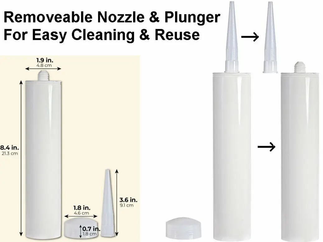 Removeable caulk nozzle and plunger shown beside a storage tube.