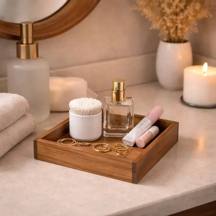Tidy bathroom vanity countertop featuring a wooden tray with beauty products, cotton swabs, and a candle.