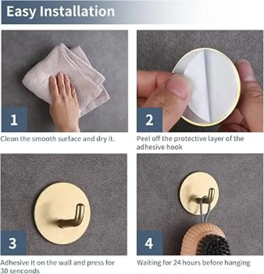 Step-by-step guide for installing an adhesive hook on a smooth surface.