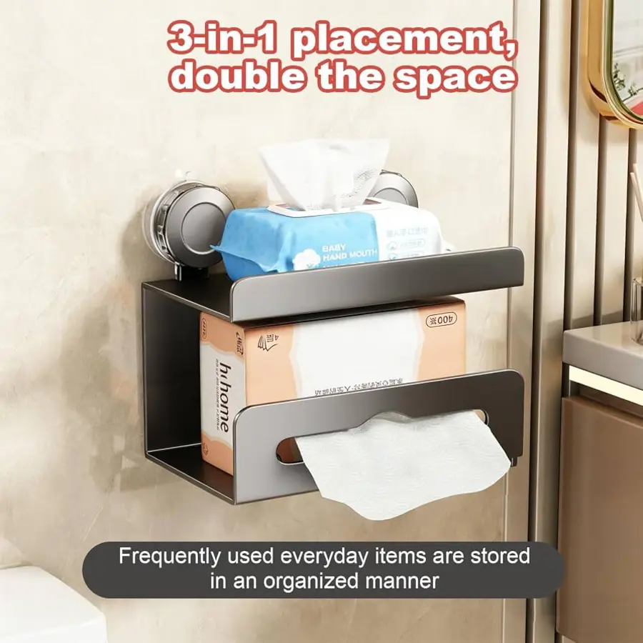 A wall-mounted toilet paper holder with storage for tissues and items above.