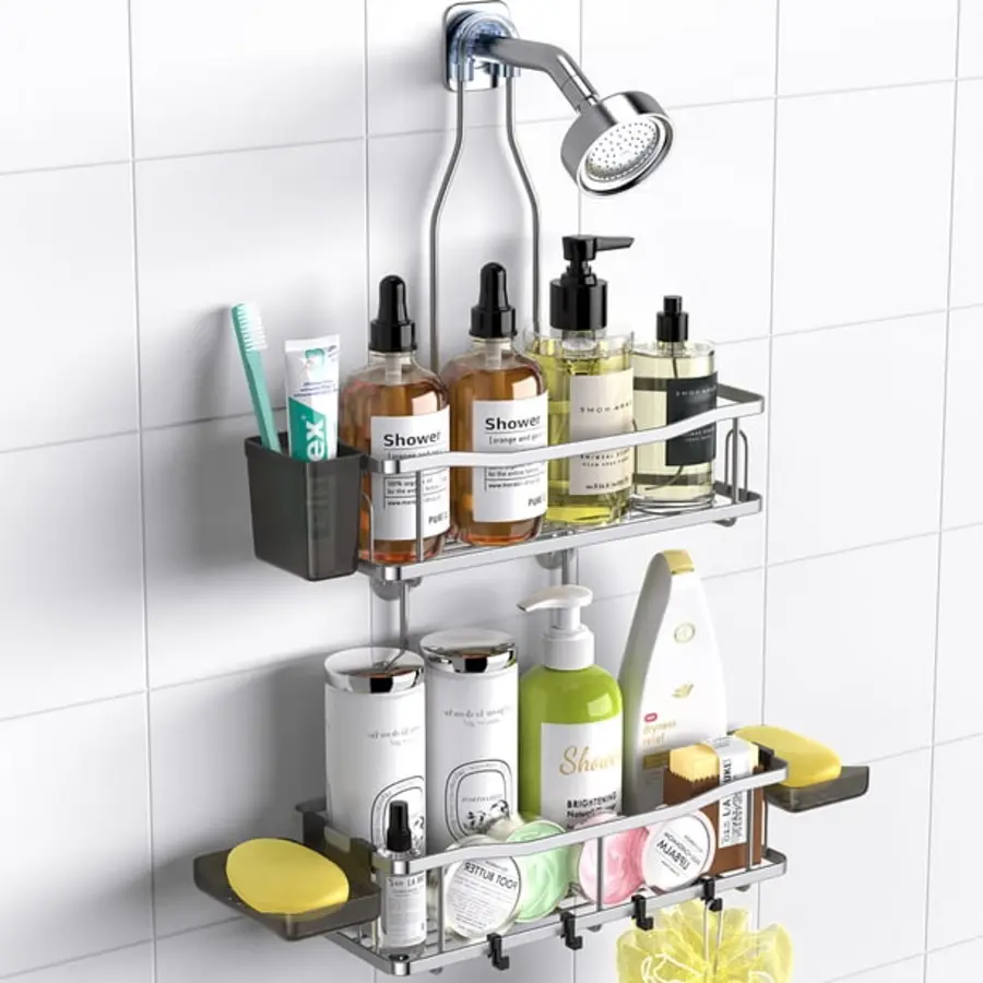 A shower caddy with various bottles and containers neatly organized on shelves.